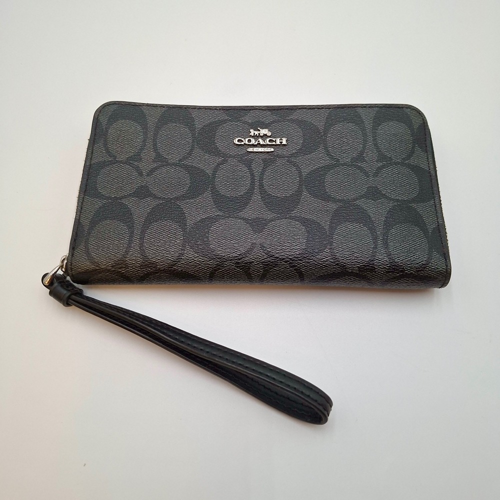 Coach F73418 Black Smoke Signature Canvas Large Phone Wallet Wristlet Zip Around